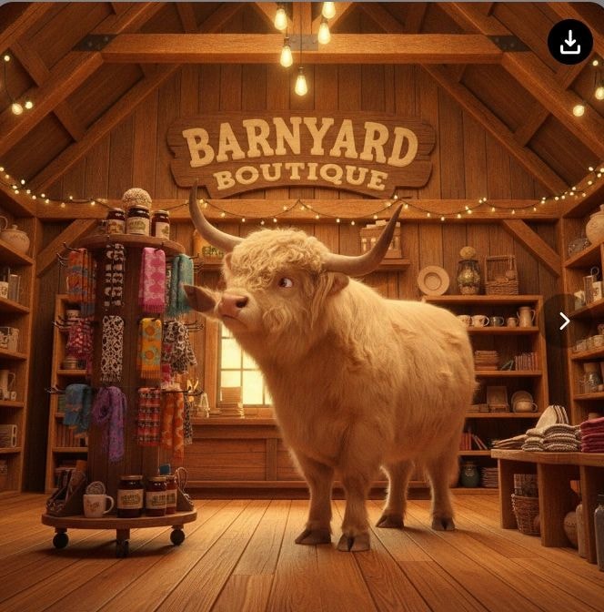 Dudley the bull shopping at the gift barn